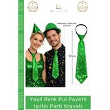 #Partikravatı Yeşil Renk Pul Payetli Fermuarlı Lastikli Sahne Kostüm Işıltılı Parti Kravatı 33 Cm
