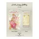 partince 2'li Set Pembe Tema Happy Birthday Cake Topper ve 6'lı Metalik Uzun Gold Mum Doğum Günü Pasta Süsü
