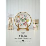 Partince 8 Kişilik Makaron Gold Yaldızlı Kelebek Kullan At Karton Kullan At Tabak Bardak Çatal Kaşık Bıçak Parti Seti