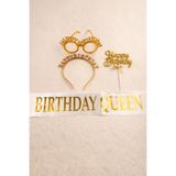 PARTİPORT Birthday Queen Doğum Günü Seti Gold Taç Gözlük Kuşak Pasta Süsü 4 Parça Parti Seti