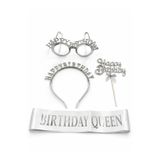 PARTİPORT Birthday Queen Doğum Günü Seti Gümüş Taç Gözlük Sn-2029 Kuşak Pasta Süsü 4 Parça Parti Seti