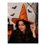PARTİPORT Halloween Cadı Şapkası Turuncu Yarasa Desenli Cadılar Bayramı Parti Şapkası