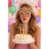 PARTİPORT Happy Birthday Gözlük Taç ve Pasta Süsü 3’lü Doğum Günü Parti Seti