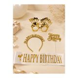 PARTİPORT Happy Birthday Parti Seti Gümüş Renk Taç Gözlük Pasta Süsü ve Kuşak Doğum Günü Aksesuarı