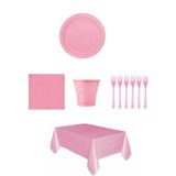 Party Country Pembe Renk Plastik Tabak, Bardak, Çatal, Peçete ve Tek Kullanımlık Masa Örtüsü Seti