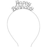 Party Fantasy Happy Birthday Gümüş Yazılı Metal Parti Taç 18 cm Doğum Günü Gri Renk Parti Tacı