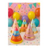 party mix Doğum Günü Parti Şapkaları (HAPPY BİRTHDAY YAZILI) – Renkli Karton Külah, Altın Detaylı 5’li Set”