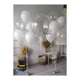PartyPoo Beyaz Fiyonk Kurdeleli Bobo Ve Beyaz-şeffaf Balon Seti 10'lu Fiyonklu Balon , Kurdeleli Balon