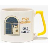 Paşa Gönlüm Öyle Istedi-4-Camda Kedi Hediyelik Baskılı Sarı Kulplu Modern Seramik Kupa
