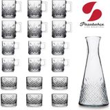 Paşabahçe 19 Parça Timeless Kulplu Çay, Nescafe Bardağı, Kare Çerezlik ve Karaf, Sürahi Seti - Şeffaf