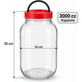 Paşabahçe 3000 cc Kulplu Cam Kavanoz – 3 Litre Taşıma Saplı Kırmızı Kapaklı Büyük Saklama Kavanozu - Şeffaf