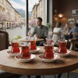 Paşabahçe 6'li Çay Bardağı 130CC ve Porland Porselen 6'li Çay Tabağı Set (Kolye,küpe Hediye - Çok Renkli