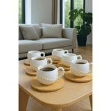 Paşabahçe 6'lı Porselen Kahve Fincan Takımı - Bambu Altlıklı Şık Modern Tasarım