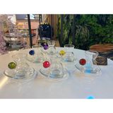 Paşabahçe Renkli Kristal Toplu Dantel Çay Bardağı ve Badem Çay Tabağı, 6 Kişilik 12 Parça Çay Seti - 12 Adet - 145 ml