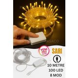 PASACO 100led Fişli Pirinç Led 10 Mt (Sarı) 8 Modlu Şerit Led Dekor Lambası Animasyonlu Yılbaşı Ağacı Işığı