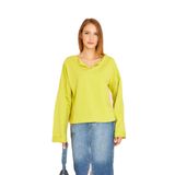 Pasaklı Giyim Ekstra Uzun Duble Kol Yakası Yırtmaçlı Salaş Sweatshirt Bluz, 40, 700-3470, Yağ yeşili, kadın
