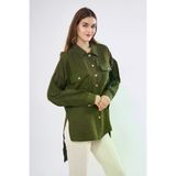 Pasaklı Giyim Kadın Oversize Arkası Uzun Pileli Uzun Kollu Haki Uzun Keten Gömlek Tunik 700-3524352