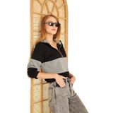 Pasaklı Giyim Siyah Gri Uzun Kol Fermuarlı Polo Yaka Color Block Basic Salaş Sweatshirt Bluz, 42, 3471, Siyah-Gri, kadın