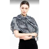 Pashmina Kaşmir Şal | Siyah - Gümüş | %100 Kaşmir Yünü | 70X180 cm | 4 Mevsim - Gümüş - Siyah