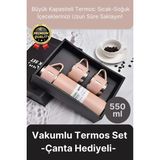 Paslanmaz Çelik Çift Katmanlı Sıcak Soğuk 3 Bardaklı Vakumlu Termos Çanta Hediyeli 550 Ml - Pembe - Standart