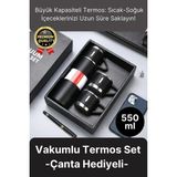 Paslanmaz Çelik Çift Katmanlı Sıcak Soğuk 3 Bardaklı Vakumlu Termos Çanta Hediyeli 550 Ml - Siyah - Standart