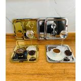 Paslanmaz Çelik Kare Servis Tepsisi, 21X21CM, Çay, Kahve ve Pasta Sunum Için Ideal - Seçenek 1 - Altın - Gümüş - Bakır