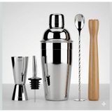 Paslanmaz Çelik Kokteyl Shaker Seti, 5 Parça Bar Seti 350 cl / Jigger 25/50 Ml, Ahşap Muddler, Ba - Çok Renkli