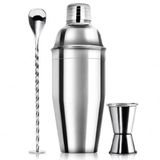 Paslanmaz Çelik Kokteyl Shaker Seti 750 ml, 3 Parça Dahili Süzgeçli İçecek Hazırlama ve Karıştırma Seti, Burgulu Kaşıklı Çift Taraflı Jigger Ölçülü Ev Barı Mutfak Sunumu İçin Kokteyl Shaker Seti