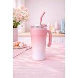 Paslanmaz Çelik Termos Bardak Pipetli Kapaklı Taşınabilir Soğuk Sıcak İçecek Mug (Pudra Pembe)