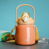 Paslanmaz Çelik Tombul Su Matarası - 650ml - Askılı ve Pipetli Çelik Suluk (Turuncu)