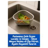 Paslanmaz Çelik Üçgen Lavabo İçi Süzgeç Sebze Meyve Çöp Filtresi Ayaklı 20 Cm