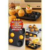Paslanmaz Yapışmaz Çelik 6'lı Muffin Kek Kalıbı 26X 38 cm Cupcake Kalıbı 1. Sınıf Malzeme Kek Kalıp - Siyah