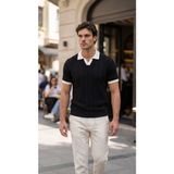 Passense Erkek Örgü Desen Yakalı Kısa Kollu Triko Tişört - %100 Pamuk Akrilik - Siyah