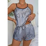Passionx Love Baskılı Gri Saten Şortlu Gecelik Takım - XL