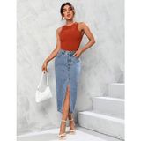 Pass&pass 2100-ETEK Kadın Likralı Önden Yırtmaçlı Jeans Kot Denim Uzun Etek - Kar Beyaz - 34
