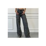 pass&pass 2424 Kadın Yıldız Detaylı Baggy Jeans Kot Denim Pantolon - Gri