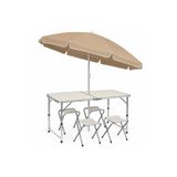 Passway Camp Katlanır Masa Tabure Şemsiye Kamp Piknik Bahçe Seti - Bej - Masa İçi Sabitleme Lastikli (200 cm oynar başlıklı şemsiye+ 4/6 kişilik masa+4 tabure set)