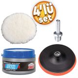 Pasta Cila Polisaj Parlatma Yünü Pedi Keçesi Süngeri+115 Mm Cırt Taban+Matkap Aparatı+Oto Pasta Cila 300 Gr ( 4lü Set)
