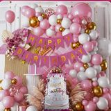 Pasta Folyo Balonlu Doğum Günü Balon Zinciri Seti, Happy Birthday Banner, Pembe Beyaz Altın Parti Süsleri