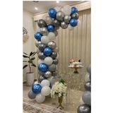 Pastel Beyaz-Gri -Krom Gümüş-Mavi Balon 60 Adet + 5 Mt. Balon Zinciri