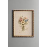 Pastel Çiçek Demeti - Vintage Desenli Çerçeve - İnce Model, Altın2, 15 x 21