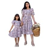 Pastel Çiçekli Kare Yaka Karpuz Kol Kloş Elbise ANNE-KIZ Kombini (Kahverengi, 7-8 Yaş)
