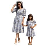 Pastel Çiçekli Kare Yaka Karpuz Kol Kloş Elbise ANNE-KIZ Kombini (Mavi, 2XL)