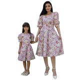 Pastel Çiçekli Kare Yaka Karpuz Kol Kloş Elbise ANNE-KIZ Kombini (Turuncu, M)