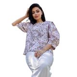 Pastel Çiçekli Salaş Kesim Balon Kol Bluz (Kahverengi, M)