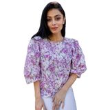 Pastel Çiçekli Salaş Kesim Balon Kol Bluz (Pembe, L)
