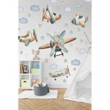 Pastel Tonlarda Planör Uçak Balon Ve Bulutlar Yıldızlar Çocuk Bebek Odası Duvar Cam Dolap Sticker