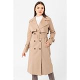 Pastelastore %100 Pamuk Gabardin Uzun (110CM) Astarlı Kemerli Kadın Trençkot 1111 - XS - Bej - Toprak