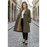 Pastelastore %100 Pamuk Gabardin Uzun (110CM) Astarlı Kemerli Kadın Trençkot 1111 - Zeytin Yeşili - XS