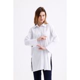 PASTELASTORE Beyaz Geniş Manşetli %96 Pamuk Esnek Poplin Uzun Tunik Kadın Gömlek 1160